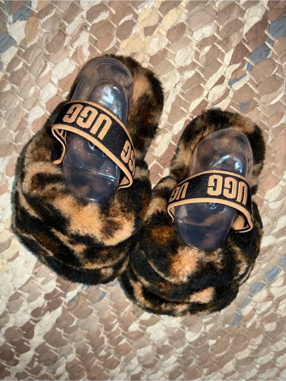 UGG Kids Leopard Faux Fur Slide Sandals - Brown & Black